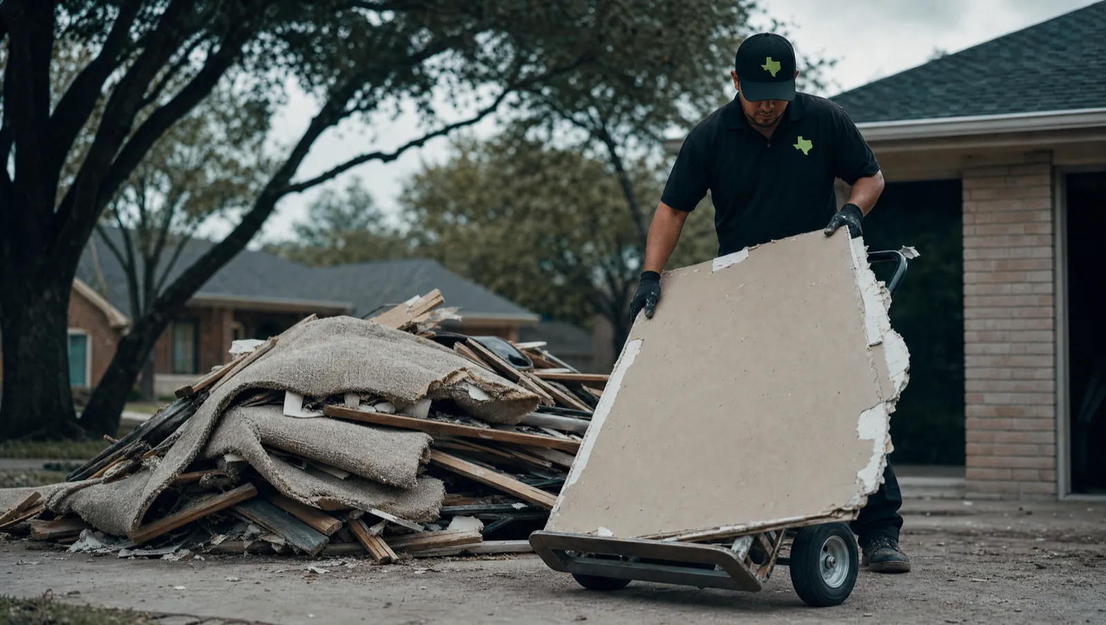 Torn-out drywall, lumber and tile stacked on a Waco, TX driveway after a remodel