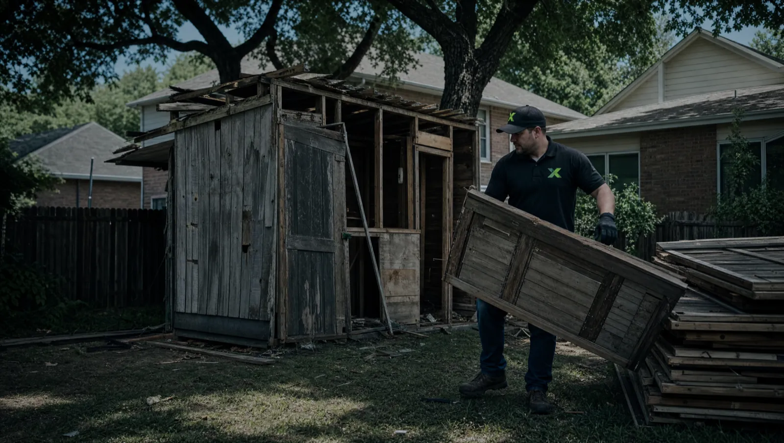 Weathered timber garden shed part-dismantled in a Waco, TX back yard